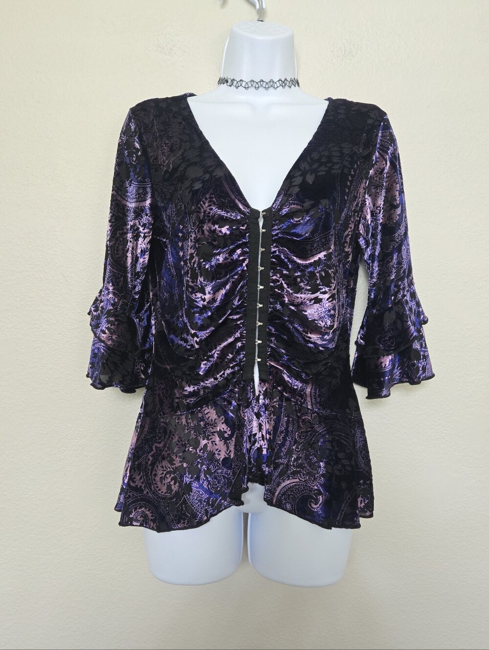 Purple Velvet Velour Whimsical Goth Bell Sleeve Blouse Size Medium